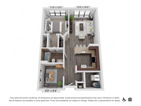 Floor plan for 1 bed, 1 bath, 825 sqft